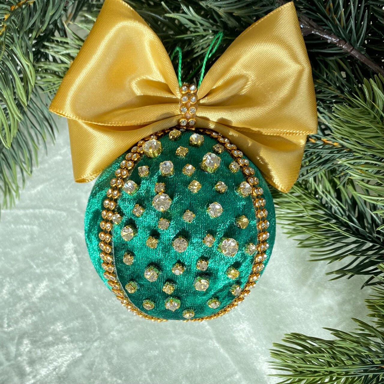 Emerald Green Christmas Ornament. Rhinestone Balls for Xmas Tree Decor