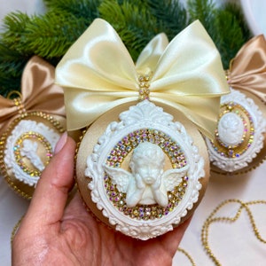 Sand gold christmas ornaments balls, victorian ornament with angel. antique ornaments. holiday baubles gift. Сhristening gift
