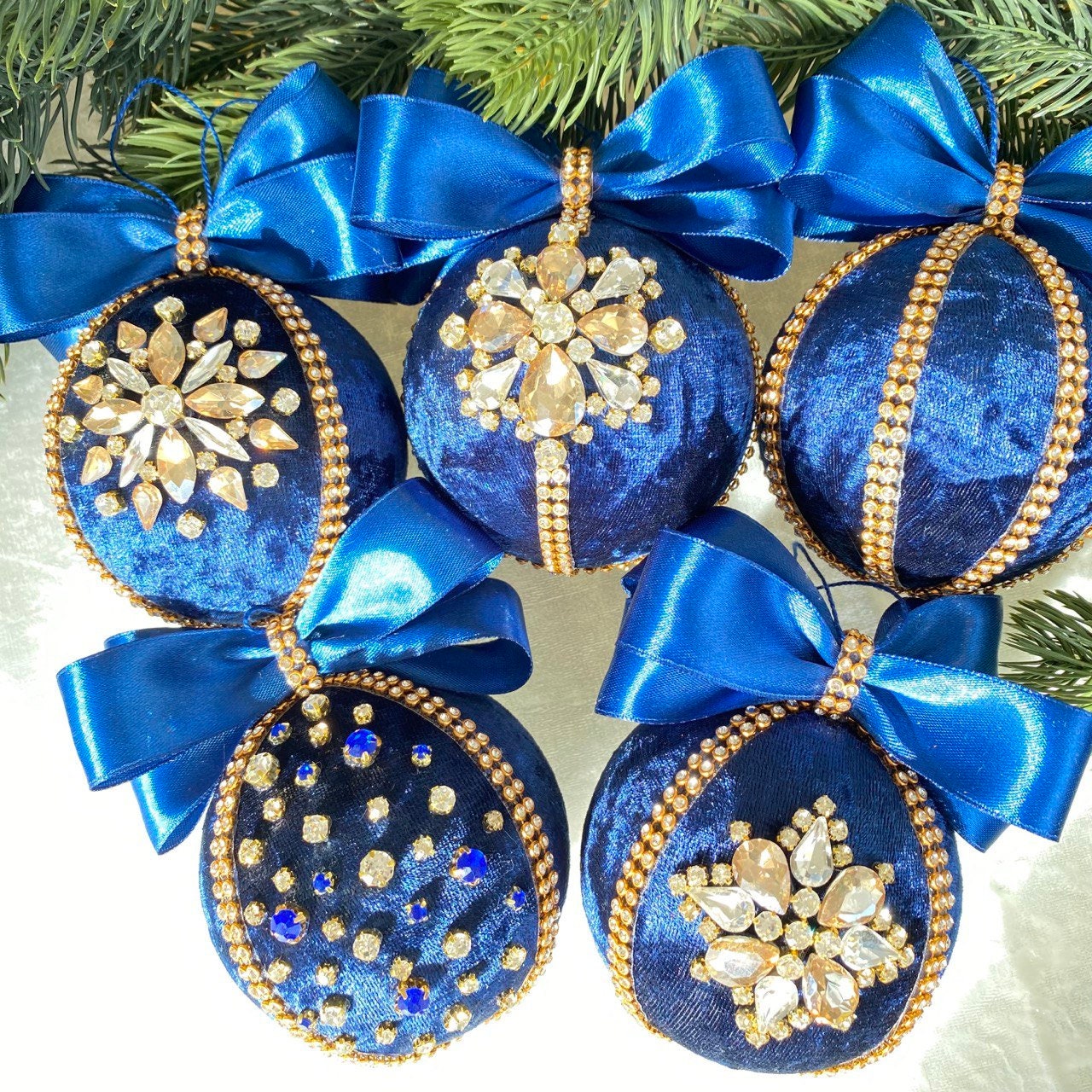 Handmade Christmas ornament set of 6 Fairytale Navy Velvet Crystal Pearl  Decor