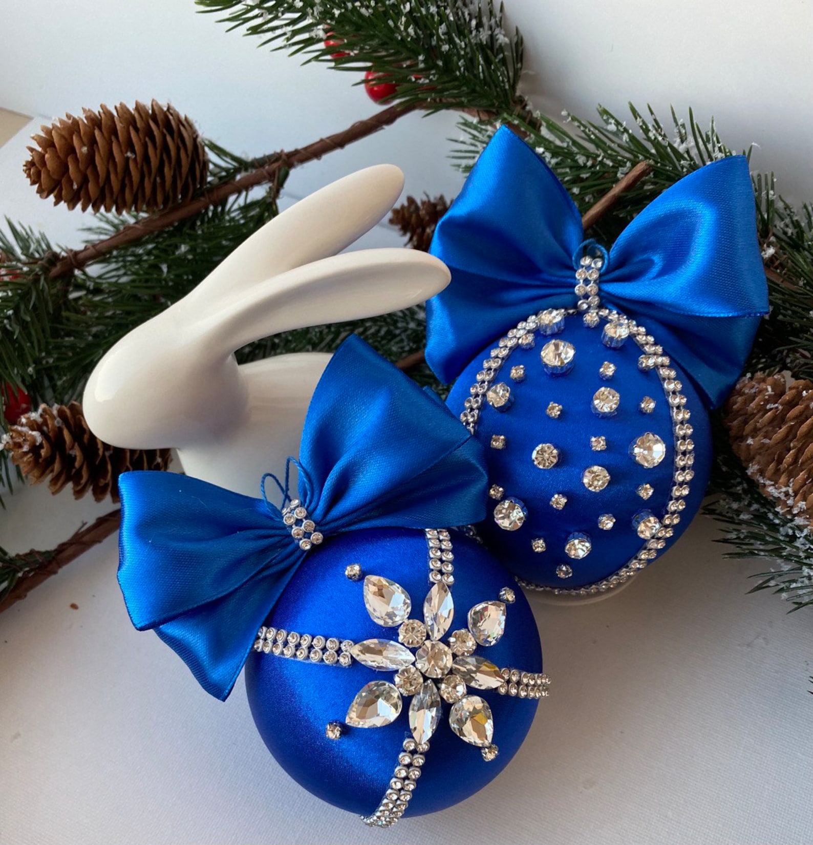 Royal Blue Christmas Ornament, Rhinestone Christmas Tree Balls. Jeweled Ornaments, Luxury 