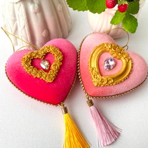 Rosa Herz Dekoration Victorian Valentine Ornament, Valentinstag Dekor Samt Herz mit Quaste.