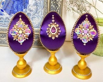 Rhinestone Faberge Style Easter Egg: Purple Satin Decor