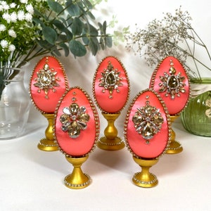 Victorian easter eggs, peach easter decor rhinestone decorative eggs as easter gift. Style faberge egg.