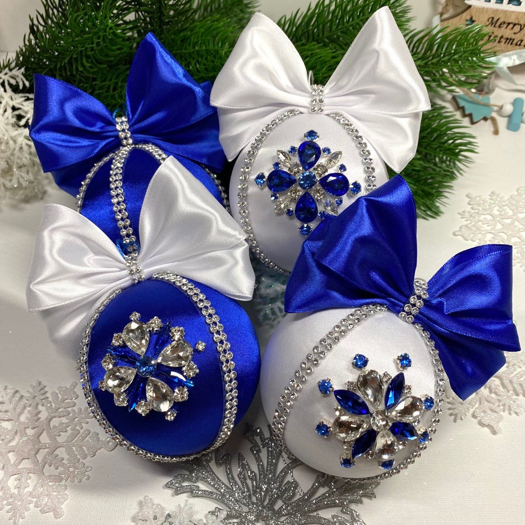 Rhinestone Ball Christmas Ornament, Glam Handmade Baubles, White Blue ...