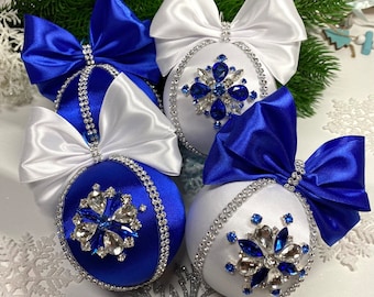 Rhinestone ball Christmas ornament, Glam Handmade baubles, white blue Xmas tree decor. holiday baubles
