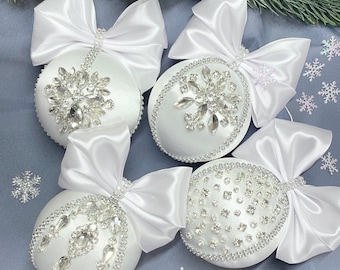 Silver white Christmas ornament, jeweled ornaments Xmas tree decor set. Rhinestone Handmade baubles.