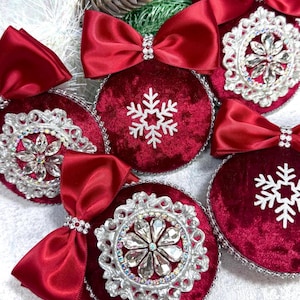 Velvet burgundy Christmas ornament medallion baubles, Victorian Christmas tree decor.