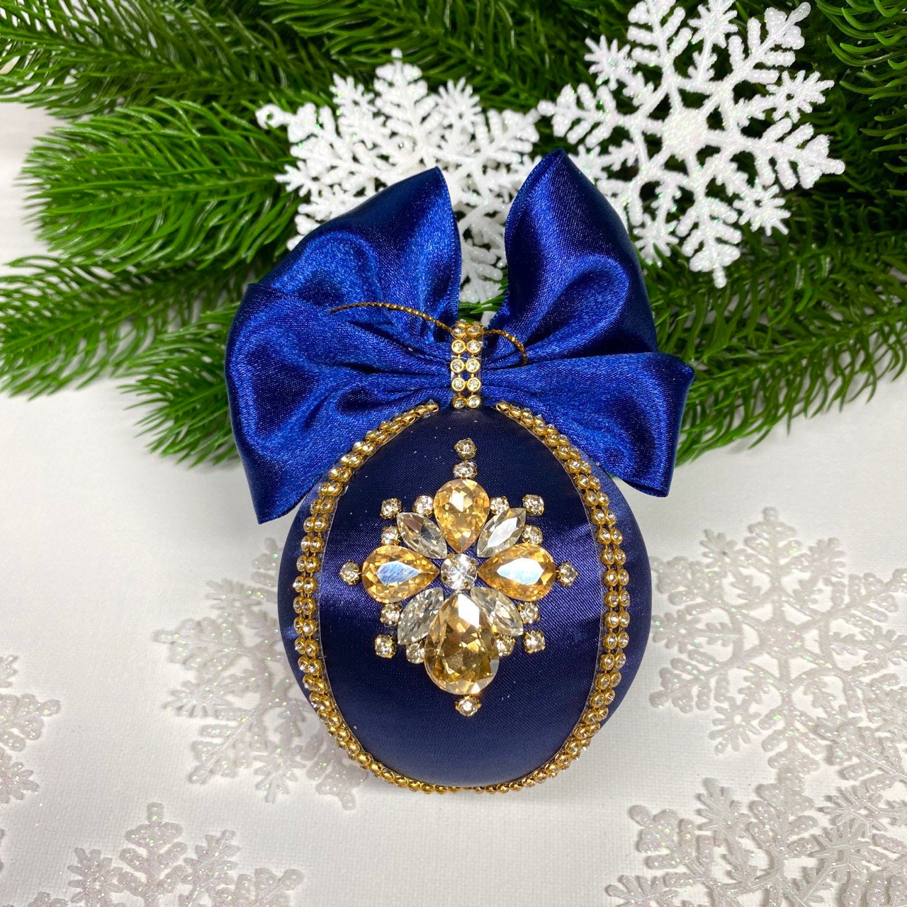 Navy Blue Christmas Ornament, Rhinestone Christmas Balls. Xmas Tree