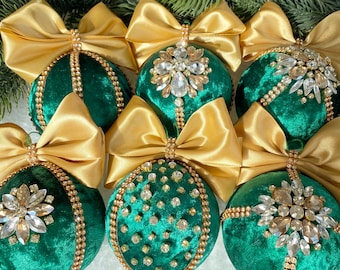 Emerald Green Velvet Christmas Ornament, Rhinestone Bauble