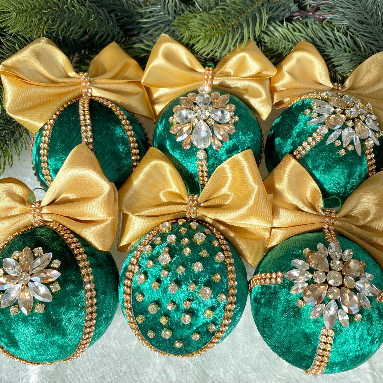 Emerald Green Christmas Ornament. Rhinestone Balls for Xmas Tree Decor