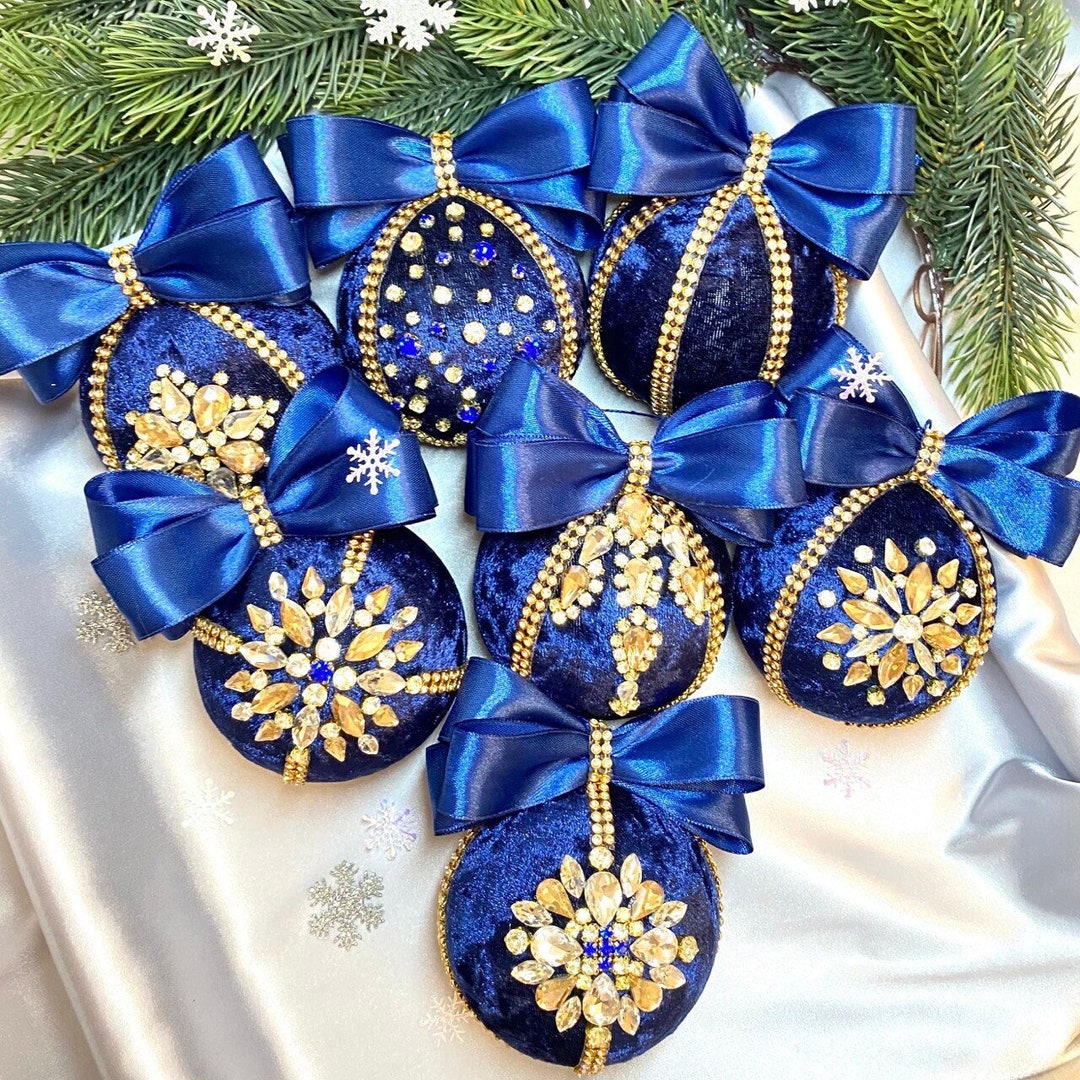 Navy Blue Christmas Ornament, Velvet Rhinestone Christmas Balls Navy Blue Christmas Ornament
