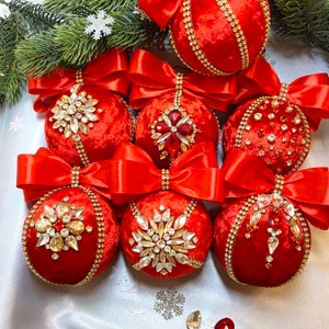 Rhinestone ball christmas ornament. Red ornament set of velvet  Christmas bauble, Xmas tree decor, jeweled holiday baubles.
