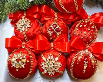 Rhinestone ball christmas ornament. Red ornament set of velvet  Christmas bauble, Xmas tree decor, jeweled holiday baubles.