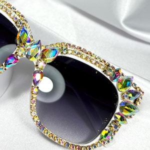 Iridescent sunglasses for festival burning man, rave sunglasses woman. Iridescent rhinestones glasses.