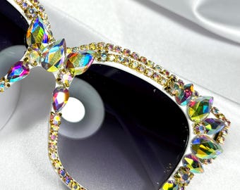Iridescent Rhinestone Sunglasses, Rave Festival Glasses