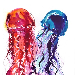 Medusa roja y azul, impresión Giclée A4 a partir de una acuarela original, sin marco