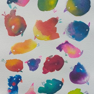 Pájaros coloridos, acuarela original, sin marco