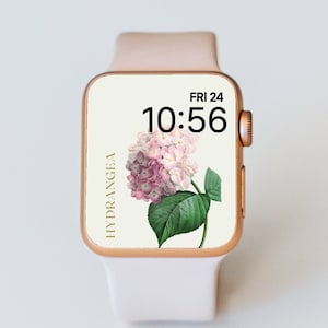 May include: A pink and green floral watch face design for an Apple Watch with the text "HYDRANGEA" and "FRI 24 10:56" displayed on the screen.