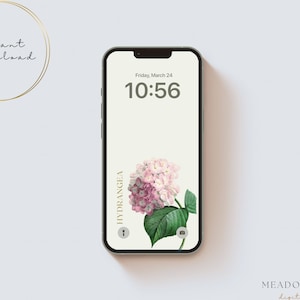 May include: A phone screen mockup with a floral design featuring a pink hydrangea. The phone screen displays the time "10:56" and the date "Friday, March 24". The text "HYDRANGEA" is displayed vertically on the left side of the screen.