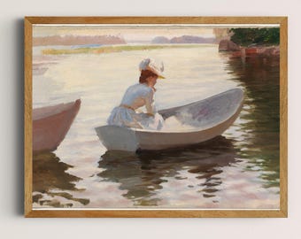 アンティークな湖畔の絵画：手漕ぎボートに乗った女性、ロマンチックな