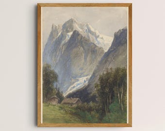 Quadro da parete con baita di montagna / Stampabile / Dipinto di paesaggio vintage / Download digitale / Stampa della natura alpina / Decorazione rustica per la casa