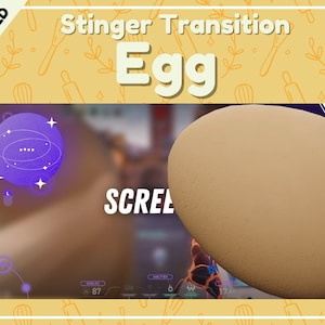 May include: A brown egg with a textured surface, against a blurred background of a video game screen with the text "SCRE" visible. The image is framed with a yellow background with a pattern of kitchen utensils and the text "Stinger Transition Egg" in a white box.