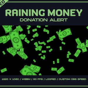 May include: Animated graphic with the text "RAINING MONEY DONATION ALERT." Green banknotes are falling against a black background. The image is labelled "ANIMATED" and includes technical specifications.