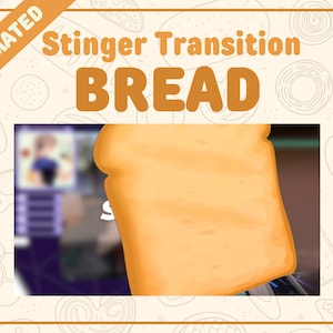 Puede incluir: Gráfico animado con el texto "Stinger Transition BREAD". La imagen presenta una rebanada de pan en primer plano, con un fondo borroso que muestra una pantalla. El diseño general tiene una paleta de colores cálidos.