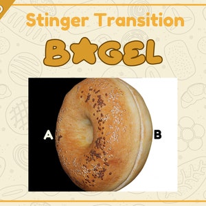 Puede incluir: Primer plano de un bagel redondo de color marrón claro con semillas de sésamo en la parte superior. El bagel está cortado por la mitad, revelando el interior. El texto "Stinger Transition" y "BAGEL" es visible en el fondo.