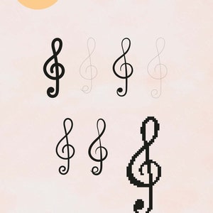 Puede incluir: Varios diseños de claves de sol negras, algunos sólidos y otros delineados. La imagen incluye el texto "DIGITAL download" en un círculo y "SVG | PNG" en la parte inferior, indicando formatos de archivo digital.