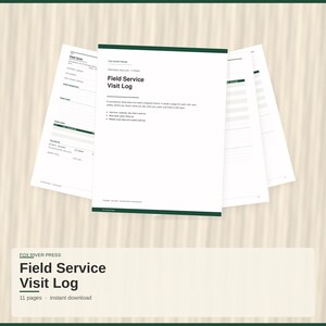 Könnte beinhalten: Ein druckbares Field Service Visit Log Dokument von Fox River Press bestehend aus 11 Seiten. Die weißen Seiten haben dunkelgrüne Kopfzeilen und Text, einschließlich Feldern für Kundendaten, ausgeführte Arbeiten und verwendete Teile.