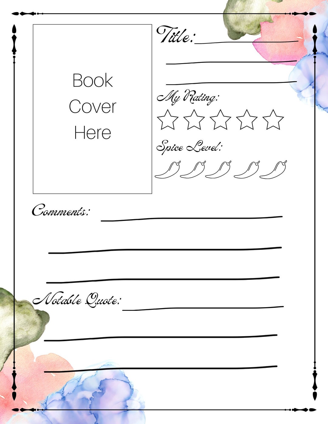White, Lightly Colored, Spicy Book Log With Room for Book Cover, Rating ...