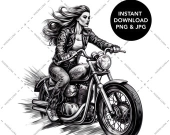 Coole Frau auf einem Motorrad, Biker Frau, Biker Png, Lady Biker, PNG JPG Instant Download