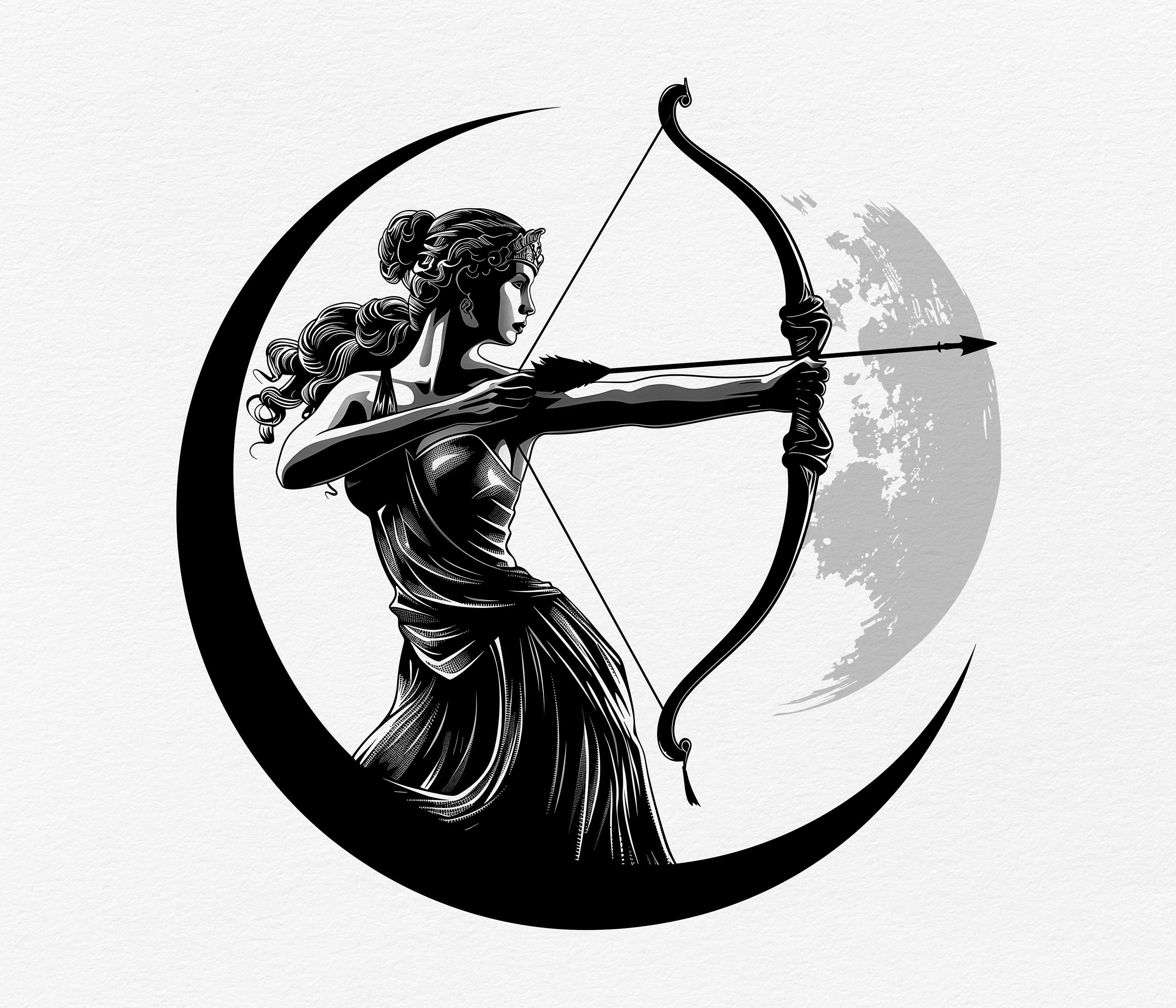 Goddess Artemis Full Moon Hunting Clipart - Mystical Digital Design