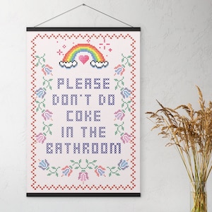 Dont do coke Poster with hangers, Please don&#39;t do coke in the bathroom, funny bathroom art.super imposed cross stitch print, Toilet Wall
