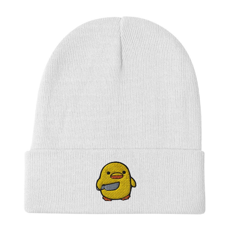 Chick with Knife Embroidered Beanie, Duck Knife Cap, Little Chicken Funny Internet Meme, Distressed denim hat,, Bird Cap