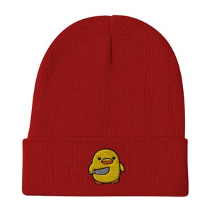 Chick with Knife Embroidered Beanie, Duck Knife Cap, Little Chicken Funny Internet Meme, Distressed denim hat,, Bird Cap