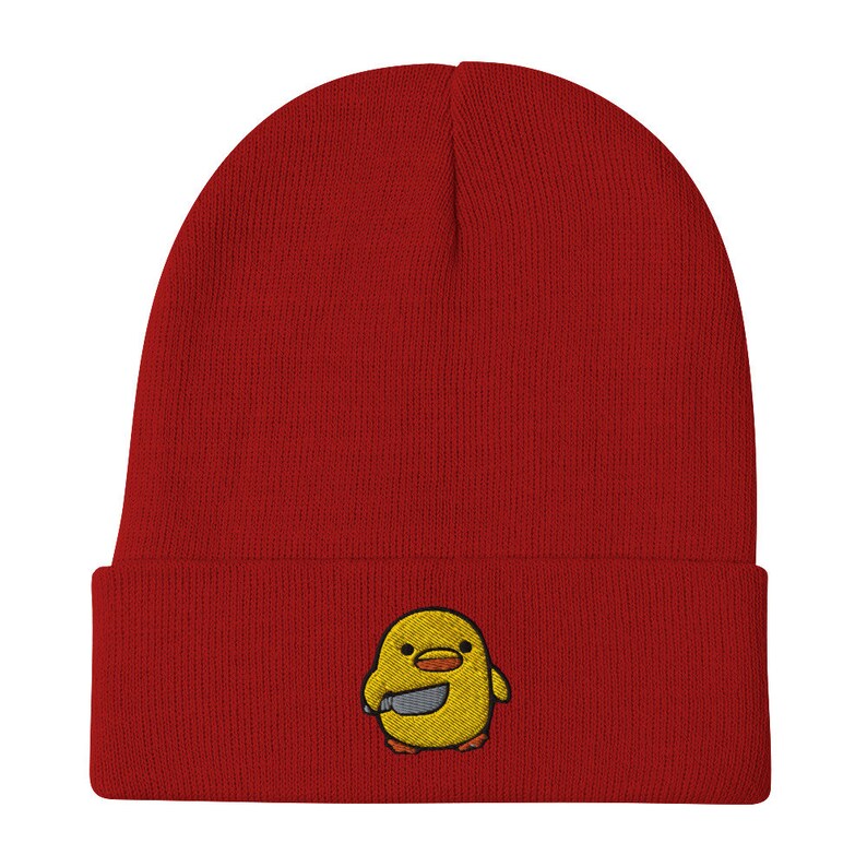 Chick with Knife Embroidered Beanie, Duck Knife Cap, Little Chicken Funny Internet Meme, Distressed denim hat,, Bird Cap