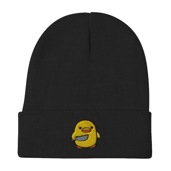 Chick with Knife Embroidered Beanie, Duck Knife Cap, Little Chicken Funny Internet Meme, Distressed denim hat,, Bird Cap