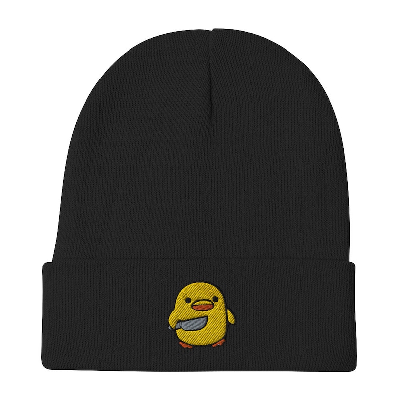 Chick with Knife Embroidered Beanie, Duck Knife Cap, Little Chicken Funny Internet Meme, Distressed denim hat,, Bird Cap