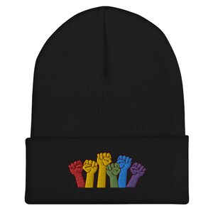 Embroidered Rainbow LGBT Beanie, fist Beanie, pocket size Gat LGBT Hat. Pride Rainbow Heart, Pride Beanie Unisex Pride LGBT Gift.