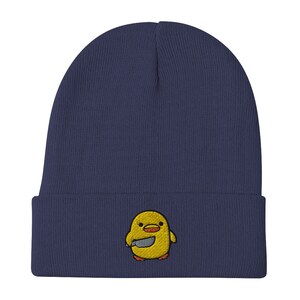 Chick with Knife Embroidered Beanie, Duck Knife Cap, Little Chicken Funny Internet Meme, Distressed denim hat,, Bird Cap