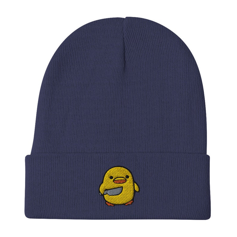 Chick with Knife Embroidered Beanie, Duck Knife Cap, Little Chicken Funny Internet Meme, Distressed denim hat,, Bird Cap
