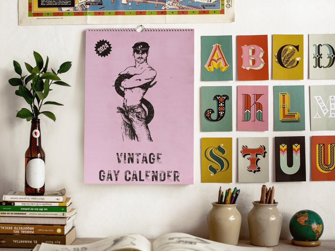 Vintage Gay Calendar, 2024 Pink Retro Magazine Gay Calendar, Cute Gay