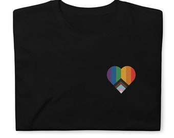 Embroidered LGBTIQA+ Heart Shirt, pocket size Gat LGBTIQA+ T Shirt. Pride Rainbow Heart T shirt, Pride Shirt. Unisex Pride LGBTIQA+ Gift.