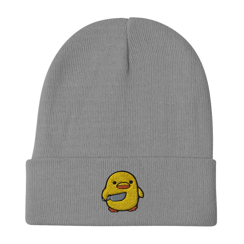 Chick with Knife Embroidered Beanie, Duck Knife Cap, Little Chicken Funny Internet Meme, Distressed denim hat,, Bird Cap