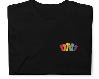 Embroidered Rainbow LGBT fist Shirt, pocket size Gat LGBT T Shirt. Pride Rainbow Heart T shirt, Pride Shirt. Unisex Pride LGBT Gift.