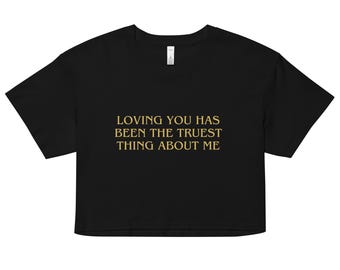 Sapphic Bookish Crop Top – Embroidered “Loving You” Quote | Subtle Lesbian Pride | WLW Book Lover Gift