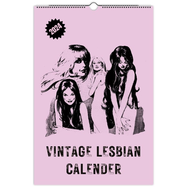 Vintage lesbische kalender, 2024 roze retro tijdschrift lesbische kalender, schattig lesbisch cadeau, housewarming, lesbisch valentijnscadeau