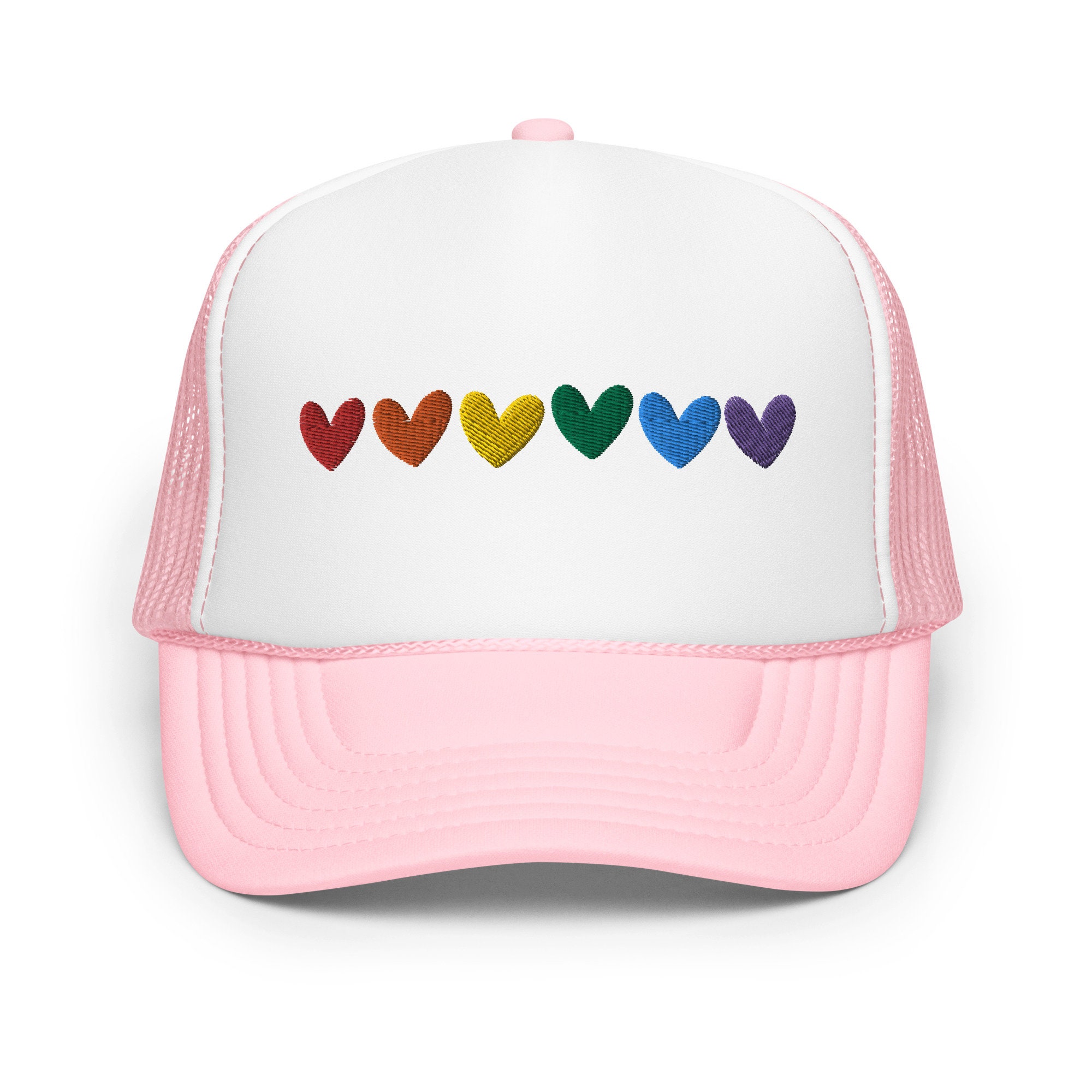 Embroidered Rainbow Heart Hat LGBT T Embodied Foam trucker hat. Pride Rainbow Heart Hat, Cute Pride hat, Unisex Pride LGBT Gift